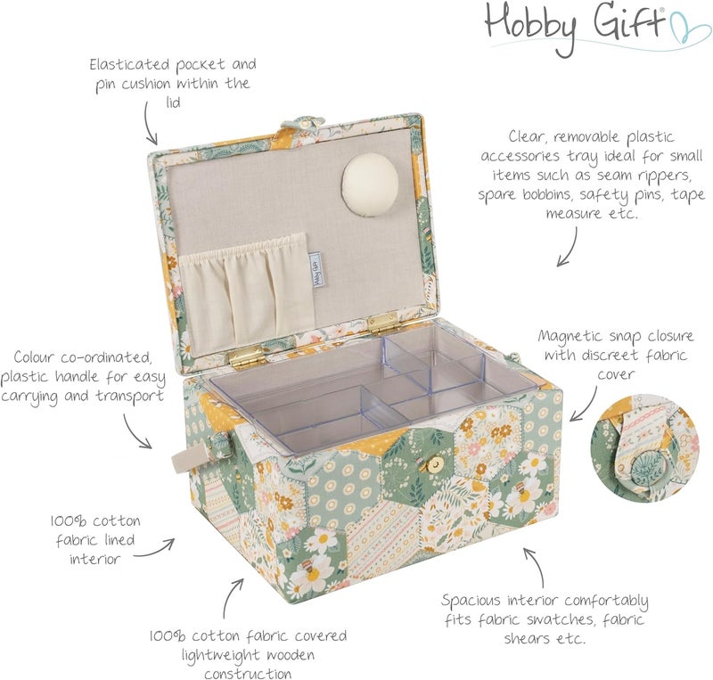 Hobby Gift Medium Sewing Craft & Hobby Storage Box, Accessories Tray Pin Cushion Pockets, 10 x 7.3 x 5.7" - Patchwork Bees - Image 3